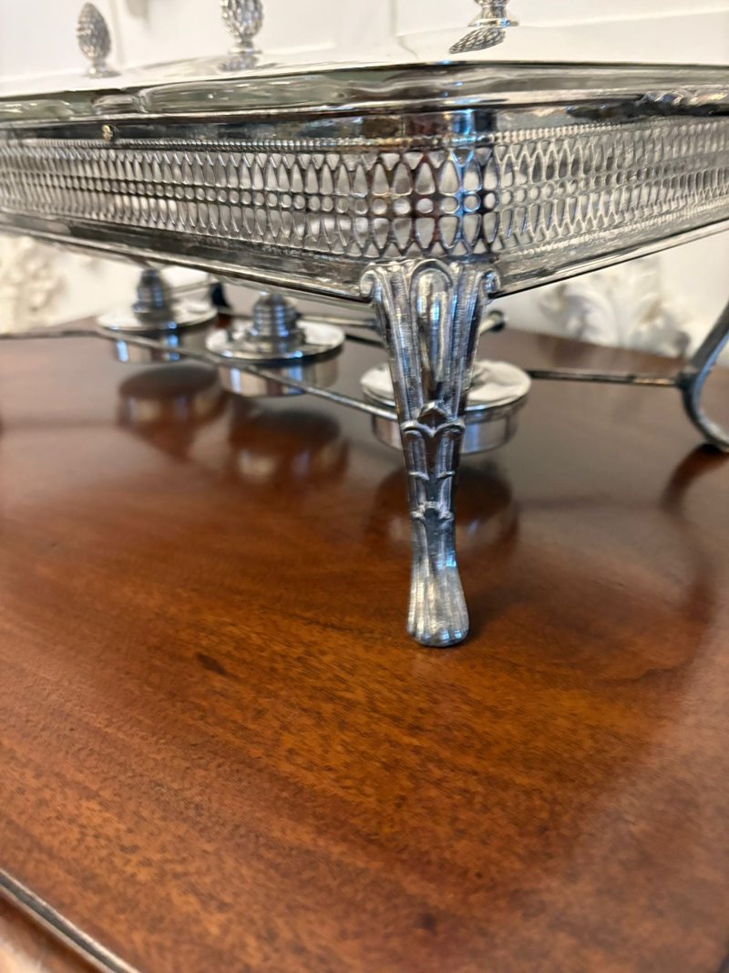 Unusual Antique Edwardian Three Silver Plated Serving Dishes on a Warming Stand - Image 8